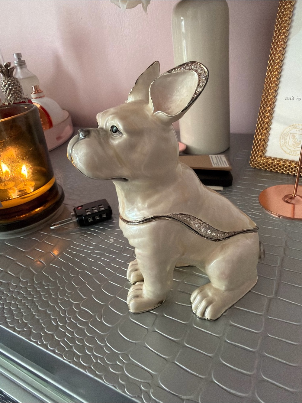 Ceramic French Bulldog Trinket Box in Cream with Rhinestone Accent